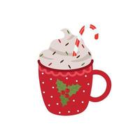 Red mug with cocoa or coffee with whipped cream. Decorated with a lollipop cane and multicolored sprinkles. Cute, cozy vector illustration. For a holiday card, banner, menu, coffee shop flyer.