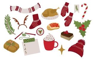 Christmas and New Year's set of cozy winter elements. Fir branch, knitted hat, scarf, mittens with cute patterns, poinsettia, caviar sandwich. Festive vector illustration for scrapbooking, postcards.