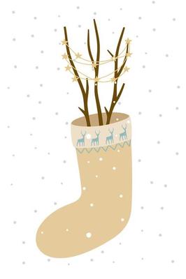 Postcard with a felt boot with branches and a garland of stars. Snow is falling. Vector illustration in a minimalistic style.