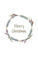 Christmas wreath with fir branches, red berries, stars in pastel colors. And the words Merry Christmas. Vector illustration, postcard, banner, poster.