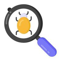 Bug inside magnifier denoting flat icon of virus search vector