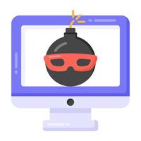 Bomb inside screen denoting flat icon of hacked monitor vector