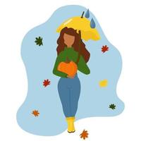 A girl in autumn clothes with an umbrella and boots. With a pumpkin in his hands. Vector illustration isolated.