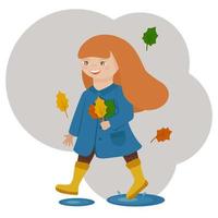 Girl in autumn with a bouquet of leaves. In a coat and rubber boots. Vector illustration on a white background.