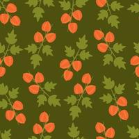 Physalis orange fruits with leaves autumn seamless pattern on a dark green background. Vector illustration in a flat style for a website, printing on paper, fabric, packaging.