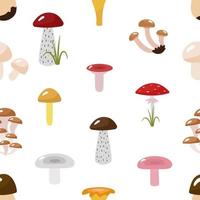 Seamless pattern, autumn mushrooms. Cartoon pictures podosinovik, podberezovik, syroezhka, fly agaric, white, ginger. Vector illustration. For design or decoration, printing on paper or fabric.