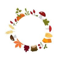 Autumn template, text frame in the center, in the shape of a circle. Pictures with socks, cranberries, coffee, wheat, pumpkin, mushrooms, carrots,rosehip. The vector illustration is isolated.