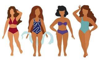 A company of beautiful girls in swimsuits with different types of figures. Body positive. vector