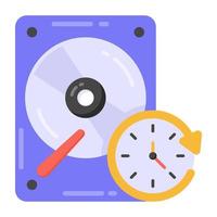 disco duro con reloj que indica un icono plano de recuperación de disco vector