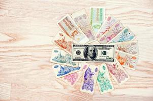 juego de bill ukraine karbovanets con dinero de 100 dólares sobre fondo de madera foto