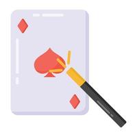 un truco de magia con una carta, icono plano de circo y entrenamiento vector