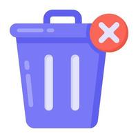 Bin with cross sign denoting flat icon of delete vector