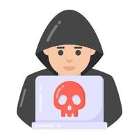 Person with skull system denoting flat icon of laptop hacker vector