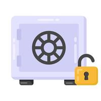 Safe with open lock denoting flat icon of unlock vault vector