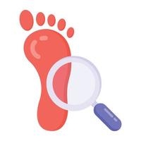 Foot with magnifier denoting flat icon of footprint search vector