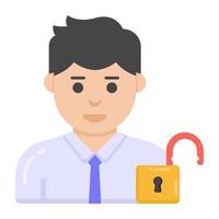 Man with open lock denoting flat icon of unlock profile vector