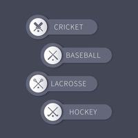 cricket, béisbol, lacrosse, hockey sobre césped, etiquetas de deportes de equipo y pancartas en gris, ilustración vectorial vector