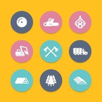 Logging, forestry equipment icons, tree harvester, timber, logging truck, lorry, lumber, logging vehicle round icons, vector illustration