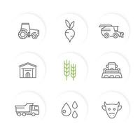 agricultura, conjunto de iconos de líneas agrícolas, tractor, agrimotor, cosechadora, ganado, maquinaria agrícola, almacén vector