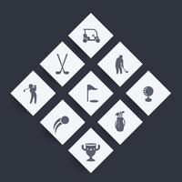 Golf icons, golf clubs, golf player, golfer, golf bag, golf signs, rhombic icons set, vector illustration
