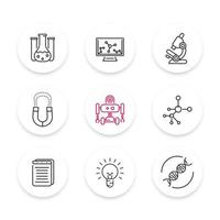 Science line icons, laboratory, genetics, chemistry, physics, biology, research round icons, vector illustration