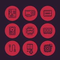 computer components line icons set, processor, motherboard, memory, video card, HDD, SSD, cooler, power supply unit vector