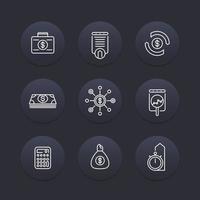 finance, investments, investment analysis line icons, finance pictograms, dark icons set, vector illustration