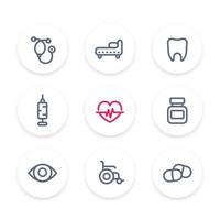 medical icons set, stethoscope, medicine, syringe, vaccination, health care, hospital, ophthalmology, pills, drugs line pictograms vector