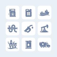 Petroleum industry icons set, gas station, petrol canister, gasoline nozzle, barrel, oil production platform, rig, derrick, tanker ship vector