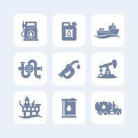 conjunto de íconos de la industria del petróleo, gasolinera, bote de gasolina, boquilla de gasolina, barril, plataforma de producción de petróleo, plataforma, grúa, buque cisterna vector