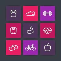 iconos de línea gruesa de fitness, iconos cuadrados de estilo de vida saludable, entrenamiento, entrenamiento, icono lineal de bíceps, ilustración vectorial vector