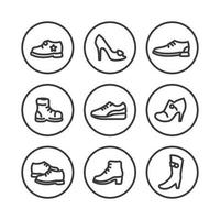 iconos de zapatos, tacones, botas, zapatos deportivos, entrenadores iconos de líneas gruesas en círculos, ilustración vectorial vector