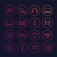 home entertainment system, multimedia vector linear icons set