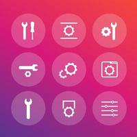 settings, configuration, development icons set, 9 vector pictograms