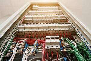 Close up view of electrical panel with fuses and contactors. photo