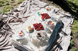 mesa de picnic con decoración sobre césped con macarrones, fresas y pastel de taza foto