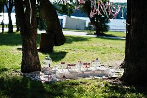 Picnic table with decor and colored ribbons on grass near trees photo