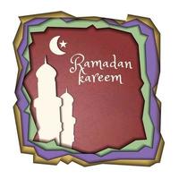 Beautiful paper cut style ramadan kareem greeting card template. Illustration of a mosque minaret decorated with geometric shapes of the moon and stars on a grunge background. vector