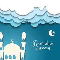 Beautiful paper cut style ramadan kareem greeting card template. Illustration of a mosque minaret decorated with geometric shapes of the moon, stars, and clouds on a grunge background. vector