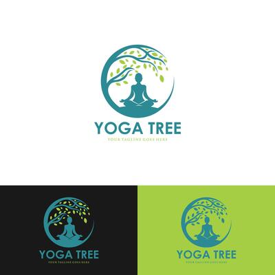 Tree yoga logo. Silhouette of a person in meditation in a round frame. The image of nature, the tree of life. Design of the emblem of the trunk, leaves, crown and roots of the tree.Yoga logo vector,