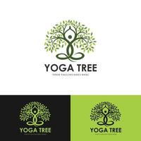 logo de yoga árbol. silueta de una persona en meditación en un marco redondo. la imagen de la naturaleza, el árbol de la vida. diseño del emblema del tronco, hojas, corona y raíces del árbol. vector logo de yoga,