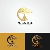 logo de yoga árbol. silueta de una persona en meditación en un marco redondo. la imagen de la naturaleza, el árbol de la vida. diseño del emblema del tronco, hojas, corona y raíces del árbol. vector logo de yoga,