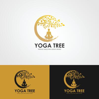 Tree yoga logo. Silhouette of a person in meditation in a round frame. The image of nature, the tree of life. Design of the emblem of the trunk, leaves, crown and roots of the tree.Yoga logo vector,