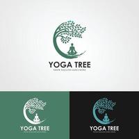 logo de yoga árbol. silueta de una persona en meditación en un marco redondo. la imagen de la naturaleza, el árbol de la vida. diseño del emblema del tronco, hojas, corona y raíces del árbol. vector logo de yoga,