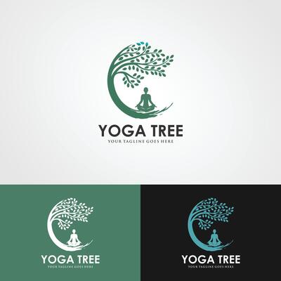 Tree yoga logo. Silhouette of a person in meditation in a round frame. The image of nature, the tree of life. Design of the emblem of the trunk, leaves, crown and roots of the tree.Yoga logo vector,