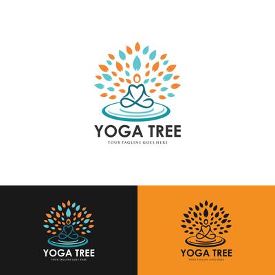 Tree yoga logo. Silhouette of a person in meditation in a round frame. The image of nature, the tree of life. Design of the emblem of the trunk, leaves, crown and roots of the tree.Yoga logo vector,