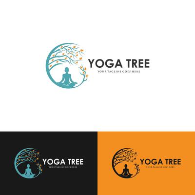 Tree yoga logo. Silhouette of a person in meditation in a round frame. The image of nature, the tree of life. Design of the emblem of the trunk, leaves, crown and roots of the tree.Yoga logo vector,