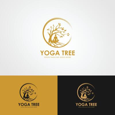 Tree yoga logo. Silhouette of a person in meditation in a round frame. The image of nature, the tree of life. Design of the emblem of the trunk, leaves, crown and roots of the tree.Yoga logo vector,