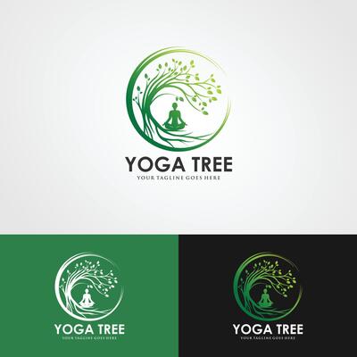 Tree yoga logo. Silhouette of a person in meditation in a round frame. The image of nature, the tree of life. Design of the emblem of the trunk, leaves, crown and roots of the tree.Yoga logo vector,