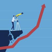 hombre de negocios parado en un acantilado que se desmorona mirando a través de un telescopio a una flecha de ganancias que apunta hacia arriba que representa la falta de conocimiento, el concepto comercial de obstáculos y riesgos en el camino vector